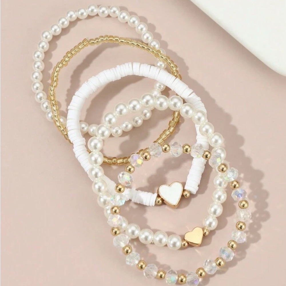 NWOT Elegant Gold and White Pearl Bracelet Set